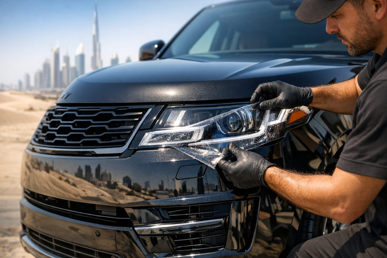 Range Rover Headlight Protection in Dubai: PPF, Restoration & Sand Pitting Prevention Guide